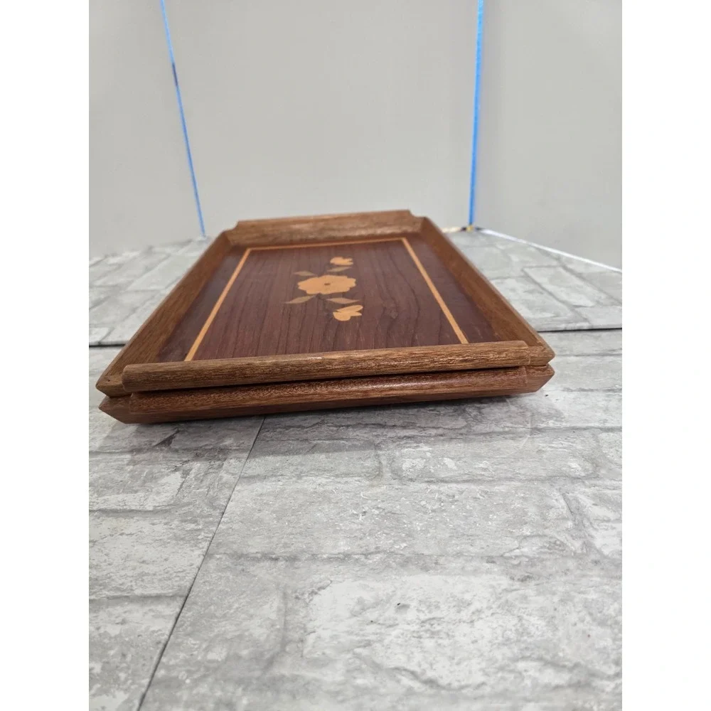 2 Vintage Mid Century Riekes Crisa Wood Inlay Tray Spline Joints Floral Motif